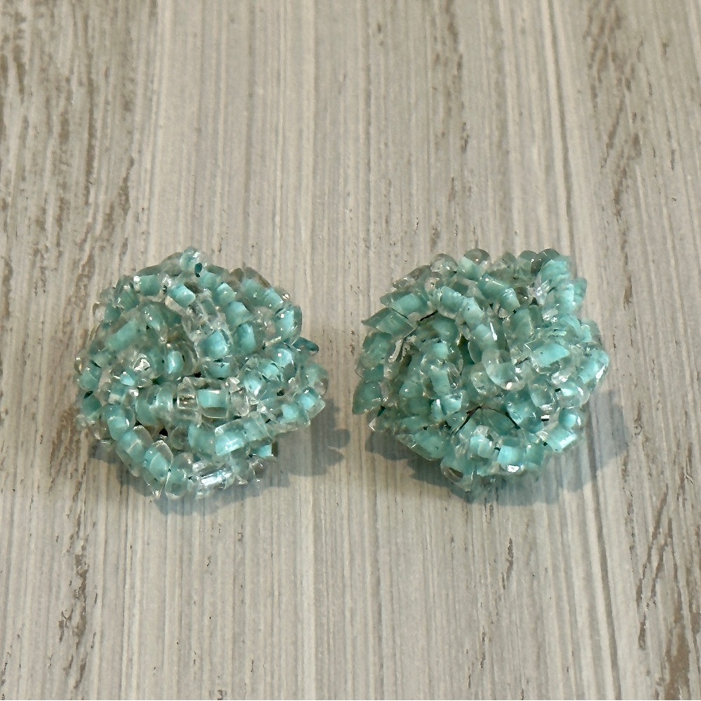 Beautiful Vintage Beaded Cluster Clip On Earrings w Lt Blue Beads Signed Japan